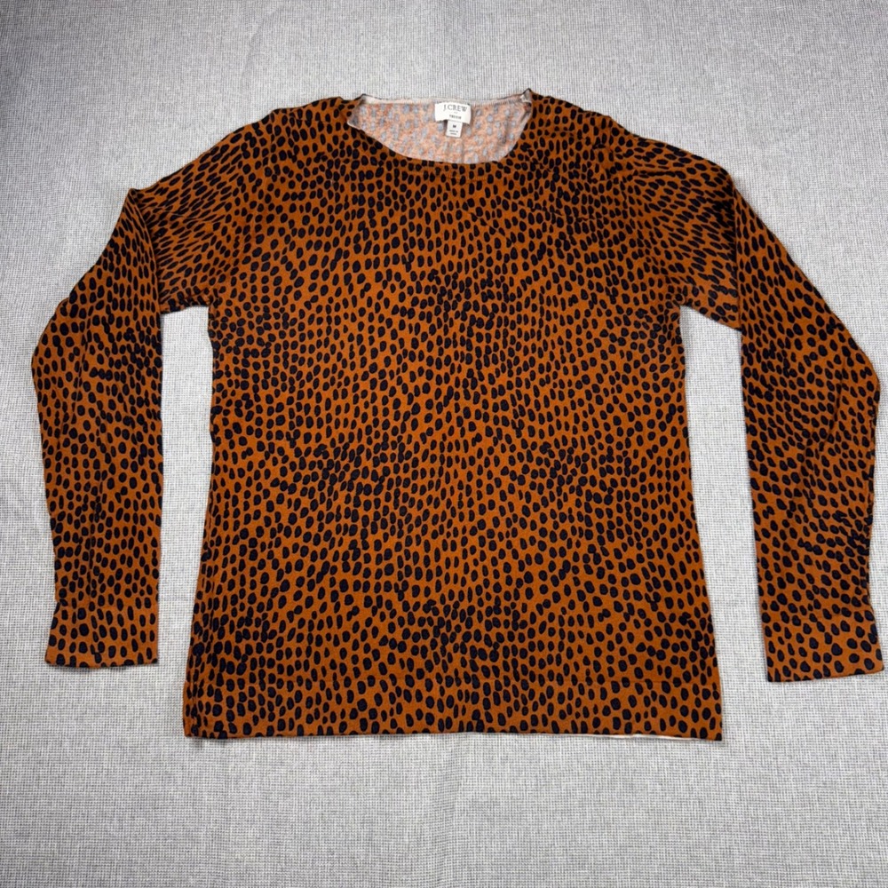 J.Crew Teddie Sweater Womens M Orange Black Leopard Animal Print Cotton Pullover